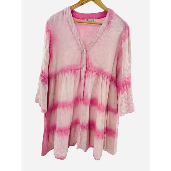 CZ Collection Cezele Pink‎ White Tie Dye Babydoll Dress Medium Boho Cottagecore - Picture 1 of 8